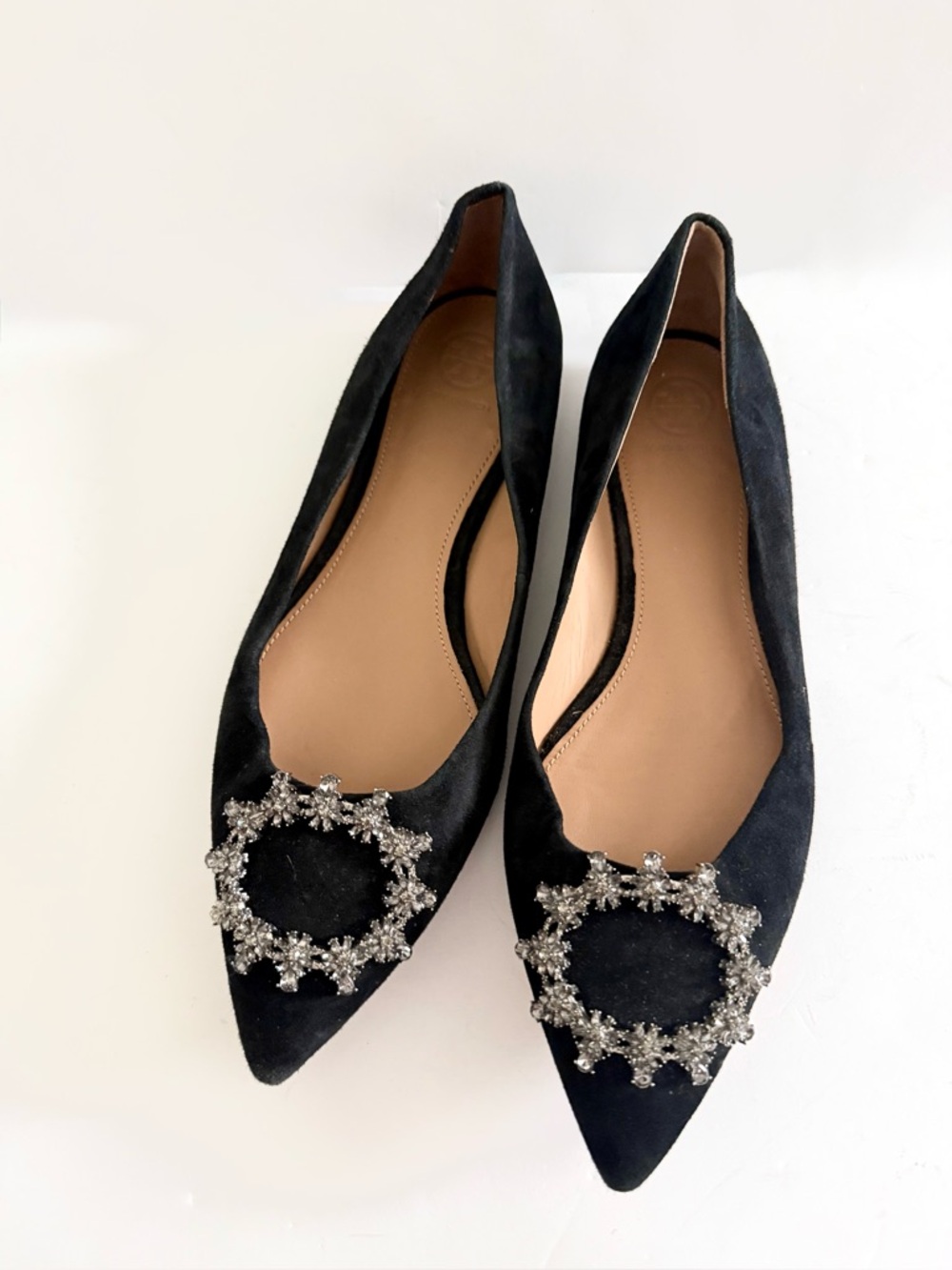 Tory Burch Black Pointed Toe Flats with Crystal Embellishment - Picture 3 of 14